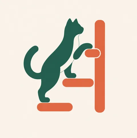 Markenillustration: dunkelgrüne Katze klettert an terrakottafarbenen Wandstufen nach oben